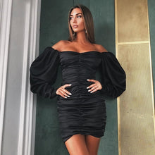 Load image into Gallery viewer, Pure V Neck Off Shoulder Lantern Sleeve Dress
